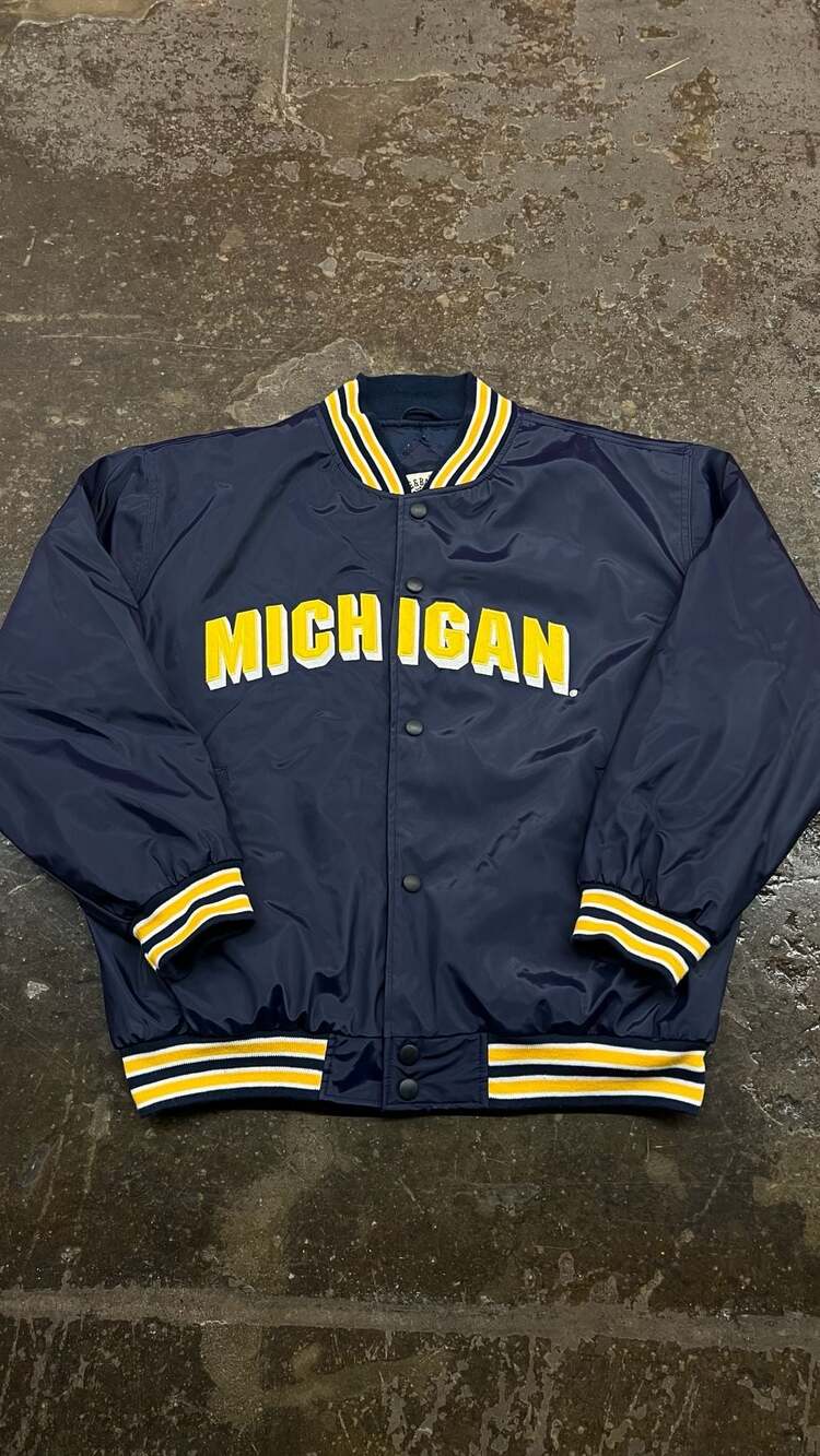 Vintage Steve & Barry's University of Michigan Satin Bomber Jacket Navy Blue
